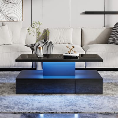 Salontafel met 16 Kleuren LED - 100 x 50 x 35 cm - Hoogglans Zwart met 2 Lades - Geschikt voor Woonkamer - Hout - Zwart