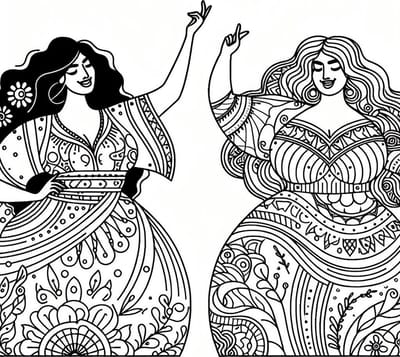 Line art dikke dames schilderij | Dikke lijnen dansen op doek met bevallige dames | Kunst - 30x30 centimeter op Dibond | Foto op Dibond
