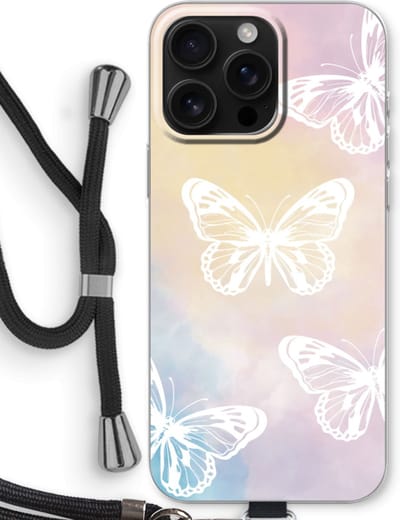 Case Company® - Hoesje met koord geschikt voor iPhone 16 Pro Max hoesje met Koord - White butterfly - Telefoonhoesje met Zwart Koord - Bescherming aan alle Kanten en Over de Schermrand