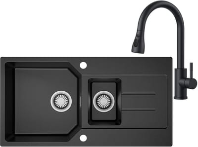 Anycee max Spoelbak Met Kraangat - Granieten Keuken 86x45CM - 1.5 Spoelbak Keuken Met Keukenkraan - Met Afdruiprek en Waterafvoersysteem - 80% Kwarts Zand Spoelbak Keuken - Zwart