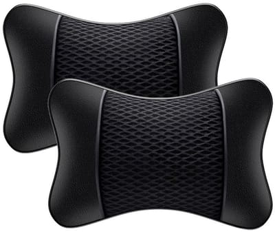Neksteunkussen Auto Zwart Leer 2 Stuks - 24.9×17.6×9.6cm - Ademend Hoofdkussen Voor Reis En Drive - Verstelbare Ondersteuning Tegen Nekpijn