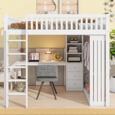 Pugsdrly Eenpersoonsbed Mezzaninebed Kinderbed 140x200 cm met Bureau Kast 3 lades Open opbergruimte Veiligheidshek Trap Wit