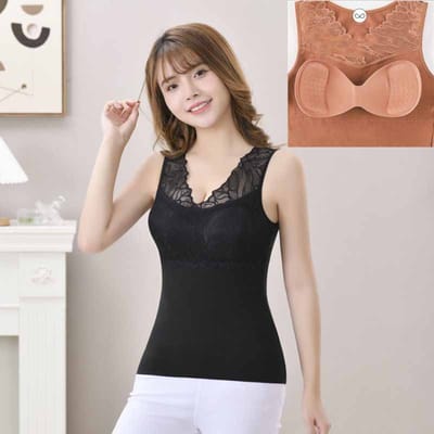 Gilet thermique en dentelle pour femme, coussin de poitrine, sous-couche chauffante épaisse, sous-vêtement thermique, hiver L noir