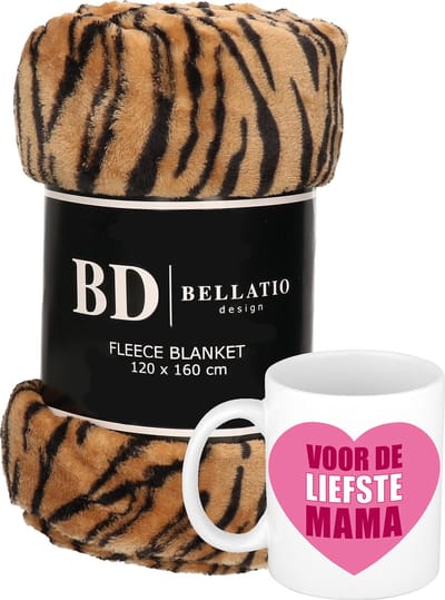 Cadeau moeder set - Fleece plaid/deken tijger print met Liefste Mama mok - Mama ontspanning cadeau kerst, moederdag, verjaardag