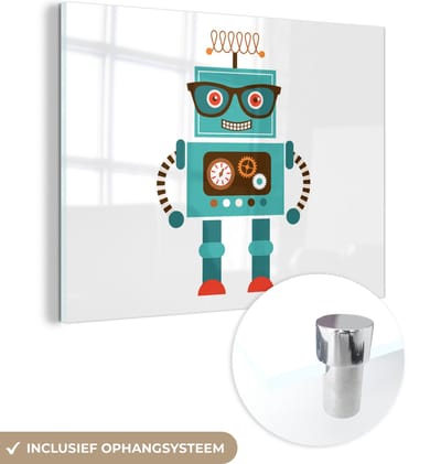 MuchoWow® Glasschilderij 160x120 cm - Schilderij acrylglas - Robot - Bril - Tandwielen - Gezicht - Jongens - Kids - Foto op glas - Schilderijen