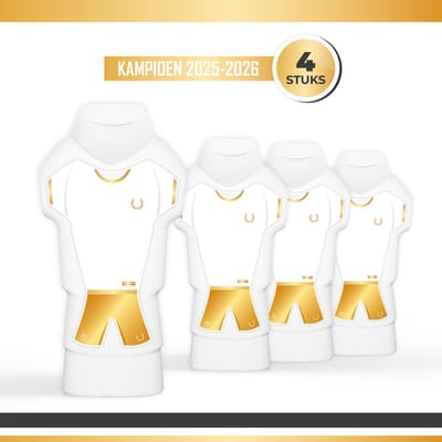 Douchegel "Kampioen 2025/2026" - 4 stuks - Triomf Cosmetica | Showergel Sport Voetbal Hockey Volleybal Korfbal Rugby IJshockey 1ste Plaats Prijs Winnaar Toernooi Cadeau Klein Cadeautje Landskampioen Tenue fles Champ Shirt Wit Goud