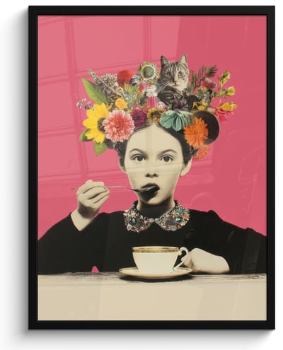 Poster in lijst - Fotolijst 60x80 cm - Posters - Meisje - Kopje - Bloemen - Roze - Posterlijst zwart - Decoratie - Wanddecoratie woonkamer - Muurdecoratie slaapkamer