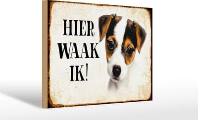 Houten bordje van FEMER 30x20cm met tekst nederlands Hier Waak ik Jack Russell Terrier Puppy