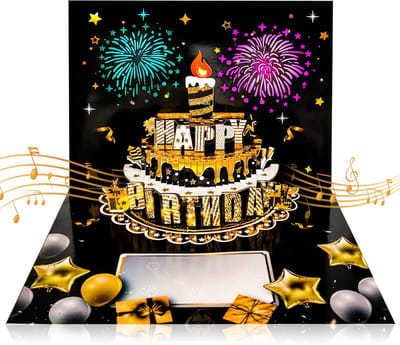 YYchan Popupkaarten - 3D Verjaardagskaart met Muziek en LED Licht - Interactieve Blaasbare Kaars - Zingende Pop-up Kaart Taart Ballonnen Vuurwerk - Happy Birthday Verrassing voor Kinderen en Volwassenen