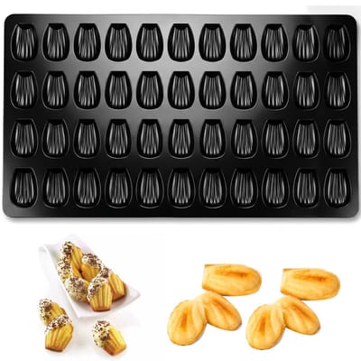 Madeleine Siliconen vorm, 44 sleuven, antiaanbaklaag, multifunctionele siliconen vorm voor cupcakes, koekjes, chocolade, snoep, puddin mousse, zwart
