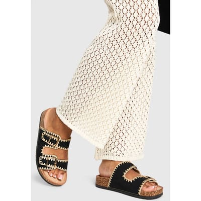 boohoo Dames Contrasterende stikseldetail dubbele gesp slides | Black | Maat: 3