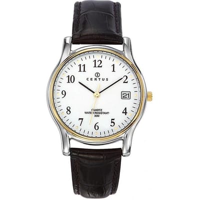 Certus-Duidelijk heren horloge-Datumaanduiding-Bicolor-Zwart lederen band.