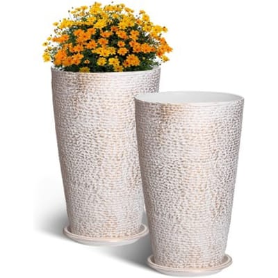 VEVOR Bloempot, Set van 2, Grote Conische Plantenpot 530 mm, Bloempot met Steenlook, Plantenbak, Elegant Design, Efficiënt Drainagesysteem, voor Veranda, Terras, Kantoor, Buiten, Binnen, Beige
