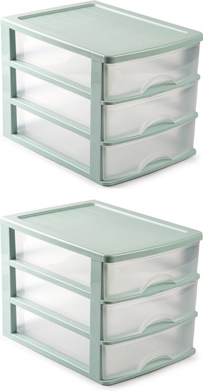 2x stuks ladeblok/bureau organizer met 3 lades groen/transparant - L35,5 x B27 x H27 - Opruimen/opbergen laatjes