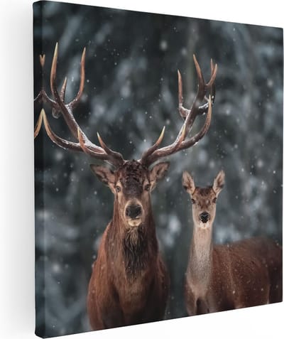 Artaza Canvas Schilderij Hertenkop Met Gewei - 30x30 cm - Klein - Muurdecoratie Winterbos - Wanddecoratie Sneeuw - Kamer Accessoires