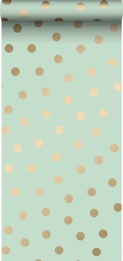 ESTAhome behang stippen vergrijsd mintgroen en goud - 53 cm x 10.05 m - 139245