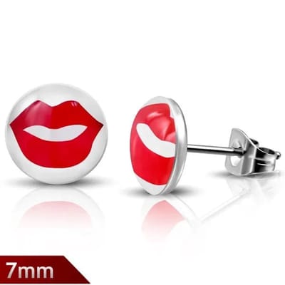 Aramat Jewels | Oorbellen | RVS Logo Oorknoppen - Stoere Oorstekers | 7mm / Mond-Rood-Wit | |7mm | Staal | Kinderen, Volwassenen | Verkleurd niet