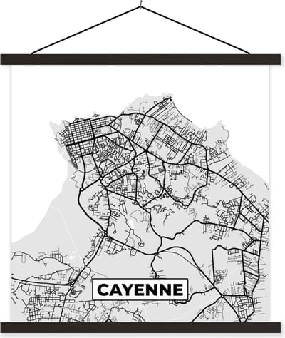 Posterhanger incl. Poster 60x60 cm - Schoolplaat - Plattegrond - Cayenne - Stadskaart - Kaart - Frankrijk - Textielposter - Zwarte latten - Stadskaart