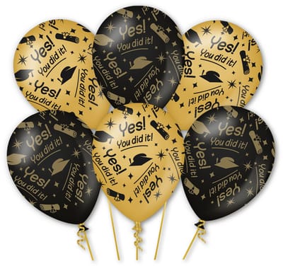 LUQ – Latex Ballonnen Yes You Did It – 6 Stuks – Zwart-Goud – Luxe Afstudeer Decoratie – Graduation Party – Helium Ready