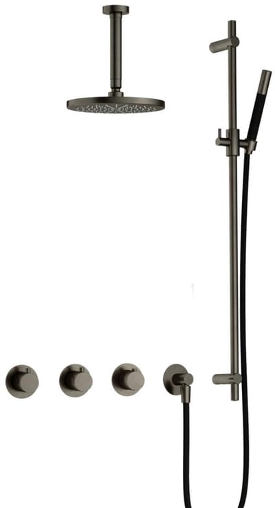Hotbath Cobber IBS70 inbouw regendoucheset met staafhanddouche aan glijstang en 20cm ronde hoofddouche aan 15cm plafondarm verouderd ijzer