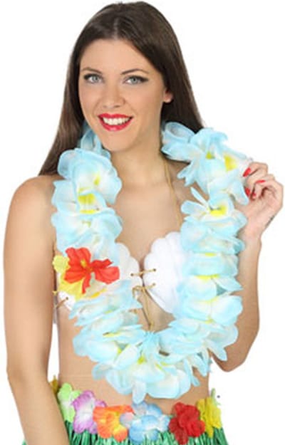Atosa Hawaii krans/slinger - Tropische kleuren blauw - Grote bloemen hals slingers - verkleed accessoires