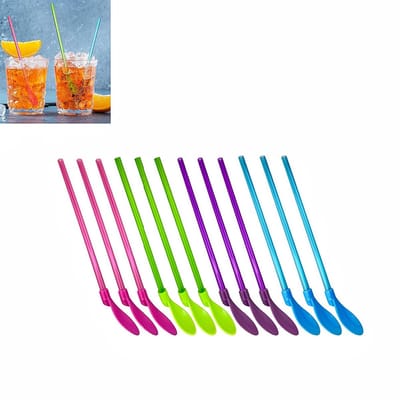 12 stuks of plastic straws and spoons - reusable design - cold drink stirring spoons - smoothie/milkshake spoons - 6*2.7*23cm - for home use, cold drinks, ice cream, etc. - multiple colors (3 each of green/rose/purple/blue)