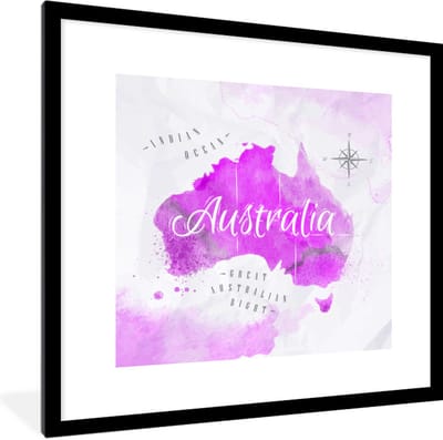 Poster in lijst - Fotolijst 40x40 cm - Posters - Wereldkaart - Australië - Roze - Posterlijst zwart - Decoratie - Wanddecoratie woonkamer - Muurdecoratie slaapkamer