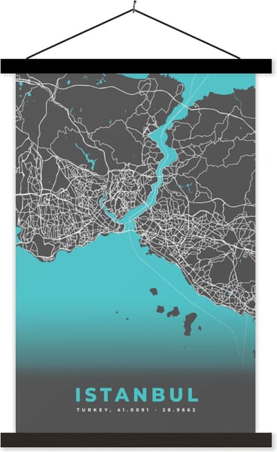 Posterhanger incl. Poster 40x60 cm - Schoolplaat - Istanbul - Blauw - Kaart - Stadskaart - Plattegrond - Textielposter - Zwarte latten - Stadskaart
