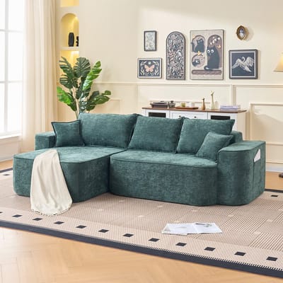 L-vormige Hoekbank "Cloud Couch", 262cm met Chaise Longge, XXL Laagzitting, Zonder Montage, Modulaire Bank in Groene Chenille voor Woonkamer