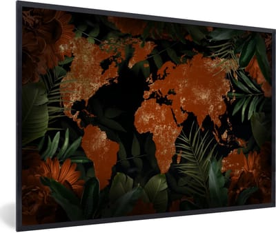 Poster in lijst - Fotolijst 90x60 cm - Posters - Wereldkaart - Goud - Planten - Posterlijst zwart - Decoratie - Wanddecoratie woonkamer - Muurdecoratie slaapkamer