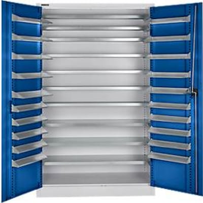 Schäfer Shop Select tijdschriftenkast, 10 legborden, zonder beslag, B 1200 x D 500 x H 1935 mm, staal, witaluminium/enziumblauw