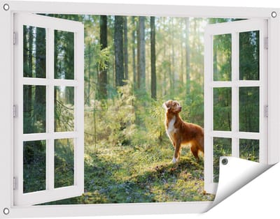Gards Tuinposter Doorkijk Retriever Hond in het Bos met Zon - 90x60 cm - Tuindoek - Tuindecoratie - Wanddecoratie buiten - Tuinschilderij