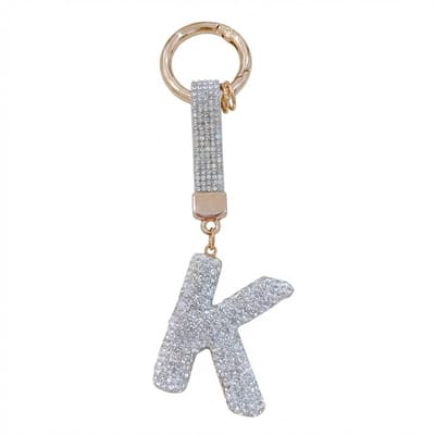 Zilverkleurige sleutelhanger met letter K en strass steentjes – initial sleutelhanger voor dames en heren – metalen sleutel hanger met ronde ring en decoratieve letter hanger