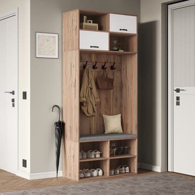 Kledingkamer set - kastenset - met stoel - 5 haken - 2 deuren en 6 open opbergvakken - houtkleur en wit - 80×35×185 cm