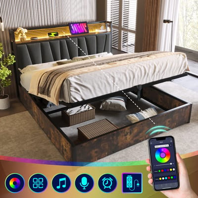 Gestoffeerd metalen tweepersoonsbed met LED-app en USB - Voor slaapkamer en tienerkamer 180x200 cm - Grijs - RGBW LED-verlichting met app-bediening - 2 USB/2 stopcontacten - Hydraulisch opbergsysteem