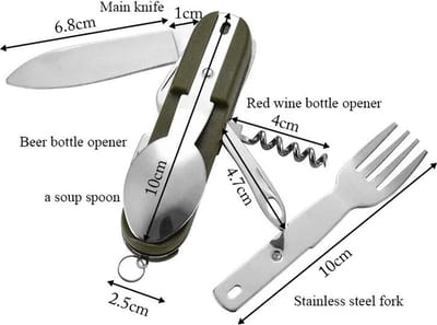 BaykaDecor - Unieke 7 In 1 Outdoor Bestek Set Opvouwbaar - Mes / Lepel / Vork / Flesopener Wijn / Bieropener - Survival - Kamperen