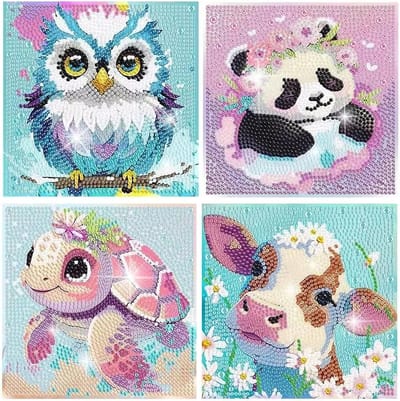 4-delige Diamant Schilderen Set voor Kinderen, 5D Diamant Schilderen Dieren, Geschikt voor Beginners, Creatieve Activiteit, Cadeau voor Kerst en Verjaardag (15 x 15 cm)