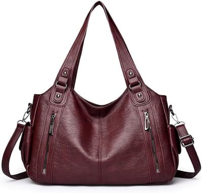 Handtas - Schoudertas Dames - Dames Handtas Vintage - Shopper Tas Groot - Schoudertas PU Leer - Tote Bag met Rits - Punk Stijl - School & Werk Tas - Bordeauxrood