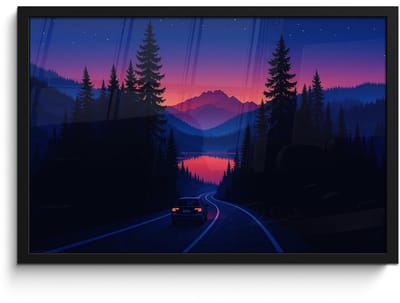 Poster in lijst - Fotolijst 60x40 cm - Posters - Auto - Donkere dennenbomen - Zonsondergang - Posterlijst zwart - Decoratie - Wanddecoratie woonkamer - Muurdecoratie slaapkamer