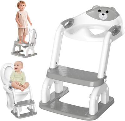 Verstelbare 2-in-1 Kinder Toiletbril met Ladder, Opvouwbaar en Antislip, Zacht PVC Kussen voor Gemakkelijk Gebruik