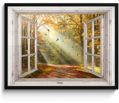 Poster in lijst - Fotolijst 70x50 cm - Posters - Bos - Bomen - Herfst - Zon - Herfstbladeren - Natuur - Doorkijk - Posterlijst zwart - Decoratie - Wanddecoratie woonkamer - Muurdecoratie slaapkamer