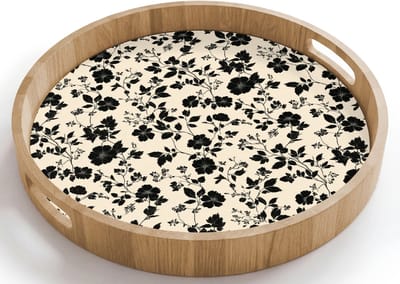 Dienblad rond 40x40 cm - Schootdienblad hout - Bloemen - Dessin - Zwart - Borrelplank rechthoek - Plateau houten dienbladen