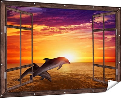 Gards Tuinposter Doorkijk Twee Dolfijnen bij de Zonsondergang - 180x120 cm - Tuindoek - Tuindecoratie - Wanddecoratie buiten - Tuinschilderij