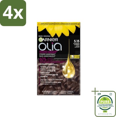 Garnier - Olia 5.15 - Haarkleuring - Kastanje Lichtbruin - Zonder Ammoniak - 100% Grijsdekking - Voordeelverpakking - 4 stuks - Permanente haarkleuring - Haarkleur