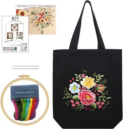Canvas Tote Bag Borduurset voor Beginners, DIY Kunst Ambacht Borduurstarter Kit met Gestempelde Borduurtas, Draad en Borduurtools (Zwarte Tas met Bloemen)