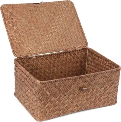 Handgeweven Wicker Opbergmanden met Deksel van Zeegras, Rectangulaire Mand voor Planken, Bureau en Thuisorganisatie (Koffiebruin, Groot)