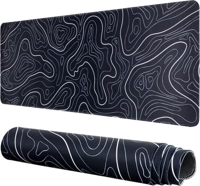 Muismat, Topografische Lange Muismat, Grote 31,5 x 11,8 Inch Bureaumat met Antislip Basis, Genaaide Rand, Toetsenbordmat voor Kantoor, Bureau, Onderlaagmat (Zwart)