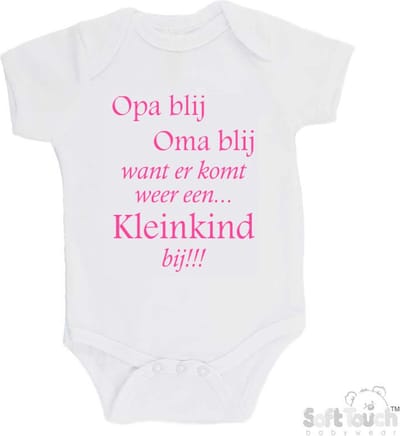 100% katoenen Romper "Opa blij Oma blij want er komt weer een kleinkind bij!!!" Meisjes Katoen Wit/roze Maat 62/68