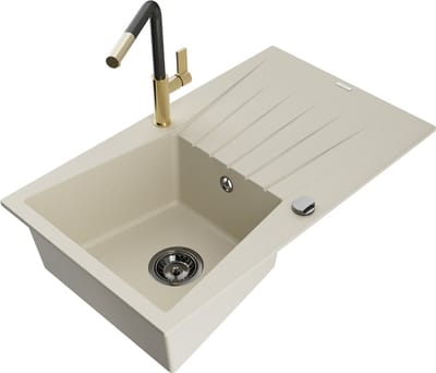 Mexen Cesar granieten spoelbak 1-komors met afdruiprek en keukenkraan Flora, beige - 6514-69-670401-57-B