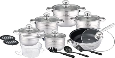 Cheffinger Pannenset - 18-delig - Zilver - RVS - Kookpannen - Inductie